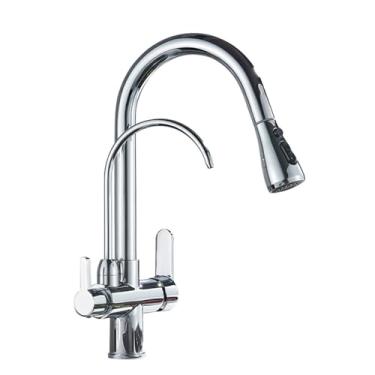 Imagem de Torneira de cozinha com filtro, torneira de latão níquel escovado com água pura, torneira de cozinha estilo pull out, torneira giratória quente e fria, cromada