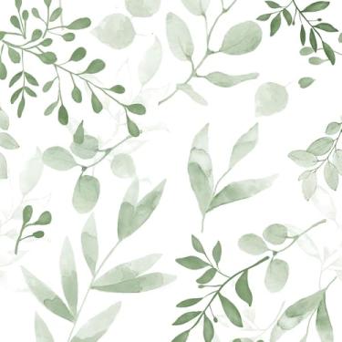 Imagem de ZAMNEA Papel de parede de folha verde, vinil verde e branco floral Peel and Stick Papel de parede espesso Farhouse Papel de parede neutro para prateleira de mesa, gaveta, bancada, armário, forro, 45 x