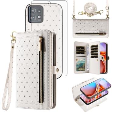 Imagem de Capa de celular para Motorola Edge+ Plus 2023/Edge 40 Pro 5G/Moto X40 Carteira com zíper destacável com protetor de tela, alça transversal com cordão com glitter, suporte para cartão de crédito X +