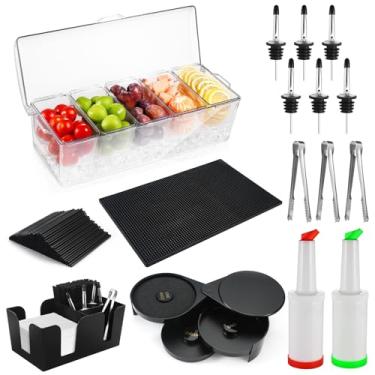 Imagem de NewEle suprimentos para bartender - bandeja de enfeite de tapete de bar de 18 "x 12" com tampa caddy de barra 3 camadas de aro de vidro, 2 garrafas de suco de plástico 3 mini pinças 12 dosad