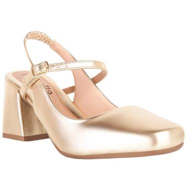 Imagem de Sapato Feminino Mary Jane Boneca Romântica Bico Quadrado Salto Médio Moda (Dourado, BR, Adulto, Numérico, 38)