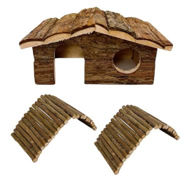 Imagem de Hamiledyi Escondido de madeira para hamster, cabana de madeira natural, ponte de hamster de madeira para hamster anão rato brincando escondendo