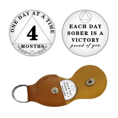 Imagem de Moeda Sobriety 4 Meses Sober Anniversary ONE Day at A TIME AA Recovery Chip Recovery Token NA OA Ótimo Presentes de Sobriedade para Homens Mulheres Alcoólicos Anônimos Couro PU Chaveiro Incluído