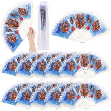 Imagem de Roowest Conjunto de 12 leques de mão de Nossa Senhora de Guadalupe com sacos de presente de organza religiosos dobráveis, lembrancinhas de batismo para convidados, presente de primeira comunhão,