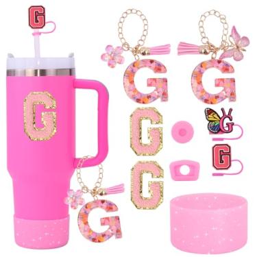 Imagem de Liangang Conjunto de acessórios de copo rosa Stanley Cup 9 peças compatível com copos de 850 g e 1,134 g, inclui capa de palha, bota, tampa à prova de derramamento, 2 peças de berloque e adesivos