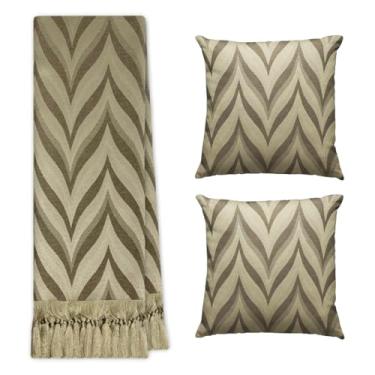 Imagem de Jogo Manta Xale para Sofá Artesanal com Franjas 1,40 x 2,20 com 2 Capas de almofadas (ZIG ZAG 142 BEGE E MARROM)