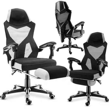 Imagem de Cadeira Gamer Ergonômica, Encosto Reclinável, Apoio de Braços Ajustável, Suporte Lombar, Preto e Branca - Suporta 120kg