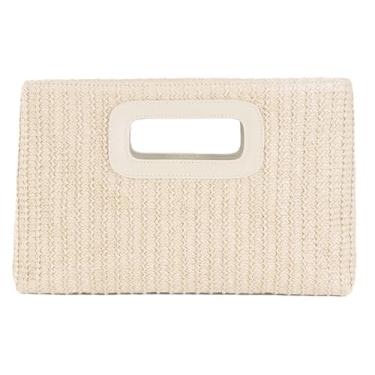 Imagem de Bolsa feminina lisa de palha natural 2025 Boho bolsa alça superior bolsa transversal elegante carteira envelope tecido noite, B - bege