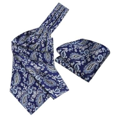 Imagem de Rosiika Gravata masculina Paisley autoamarrada Cravat Tie Ascots e Pocket Square Set Ascot, Paisley marinho, tamanho �nico