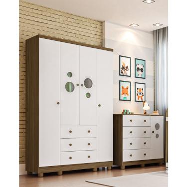 Imagem de KIt Guarda Roupas 4 Portas e Cômoda Moveis Peroba Bolinha mdf Amadeirado
