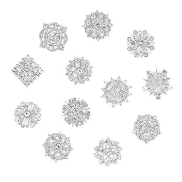 Imagem de Broche de strass de 12 peças, broche de flor de cristal prateado para mulheres, broches decorativos variados de tamanho pequeno para artesanato, alfinetes de crachá de lapela de flor para artesanato
