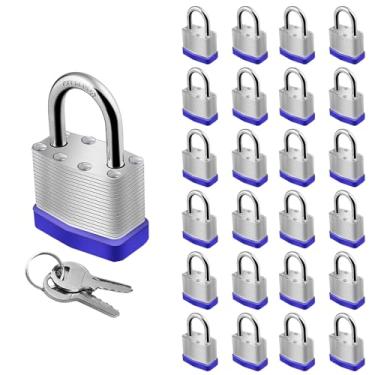 Imagem de Gradleen 25 cadeados com chave, cadeado de aço endurecido azul, conjunto de fechadura com 2 chaves, cadeado de 40 mm para armário, academia, portões, galpões, cercas