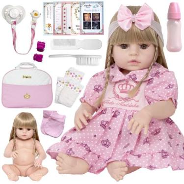 Imagem de Bebê Reborn Baby Loira Cabelo Longo Bolsa Vários Acessórios - Cegonha 