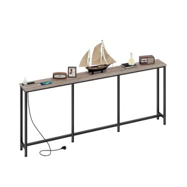 Imagem de CHOEZON Mesa de console estreita de 180 cm com tomada elétrica de 18 cm, mesa de sofá longa atrás com estação de carregamento, mesa de entrada para corredor, sala de estar cinza e preto TXG18UBG