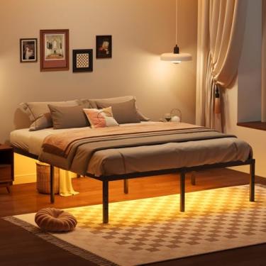 Imagem de YORMDMO Estrutura de cama completa, estrutura de cama de 35,5 cm com luzes LED, estrutura de cama de plataforma de metal completa, montagem fácil, sem necessidade de mola box, preta