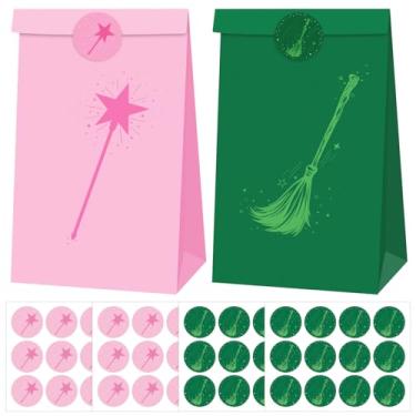 Imagem de YIXAXKAO 30 peças de sacolas de lembrancinha de festa de bruxa, rosa e verde, sacos de presente com 48 peças de adesivos de bruxa rosa e verde para suprimentos de festa de aniversário de princesa e