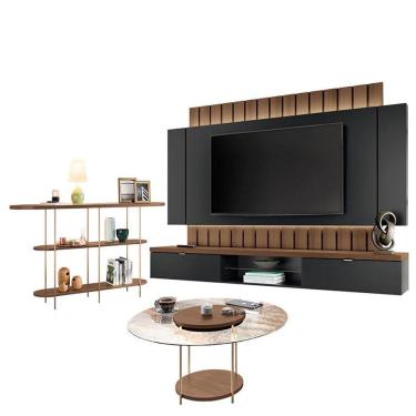 Imagem de Home Suspenso Illusion 2.2 Preto Castanho e Aparador Infinity e Mesa de Centro Sky com tampo De Vidro Castanho- HB Móveis