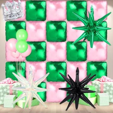 Imagem de Charnoel Pink Green Party Square Foil Balloon Wall 25 Pcs Double Sided Pink Green Flat Square Crown Exploding Star Foil Balloons Backdrop Witch Themed Birthday Party Decorations for Photo Props