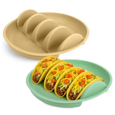 Imagem de Conjunto de 2 pratos de suporte de taco de silicone – Pratos reutilizáveis para tacos com 4 compartimentos, seguro para forno/micro-ondas/lava-louças, base antiderrapante para servir tortilhas, jantar