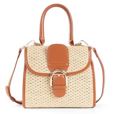 Imagem de boshiho Bolsa feminina retrô de tecido de palha pequena transversal bolsa mensageiro de ombro, Bege-marrom, P, 7.9 x 3.9 x 6.7 inch