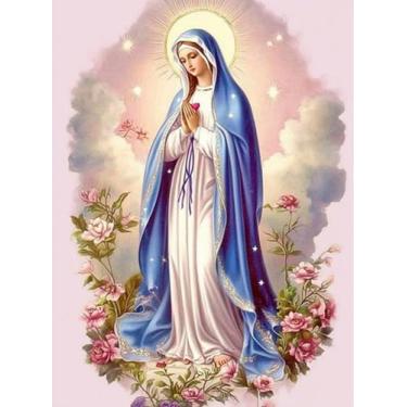 Imagem de F-CANLAN Kit de pintura de diamante redondo completo, 5D DIY pintura de oração virgem maria com diamantes flor de deus pintura de diamante com pedra preciosa para decoração de quarto adulto strass