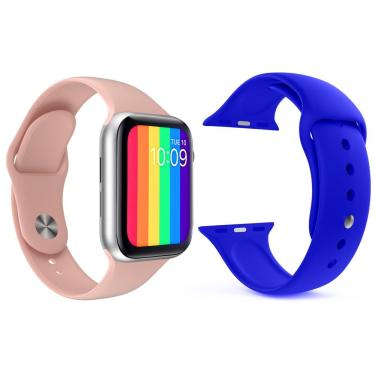 Imagem de Kit 1 Smartwatch Rosa + 1 Pulseira Silicone Azul Escuro