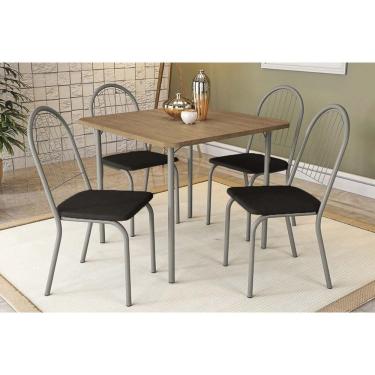 Imagem de Sala De Jantar Completa Tampo Madeirado 90Cm + 4 Cadeiras Noruega Cromado/Courano Preto