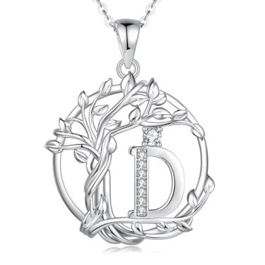 Imagem de FANCIME Presentes de dia das mães, árvore da vida, colares com inicial para mulheres, joia de árvore de prata esterlina, pingente de letra de diamante simulado, zircônia cúbica, zircônia cúbica,