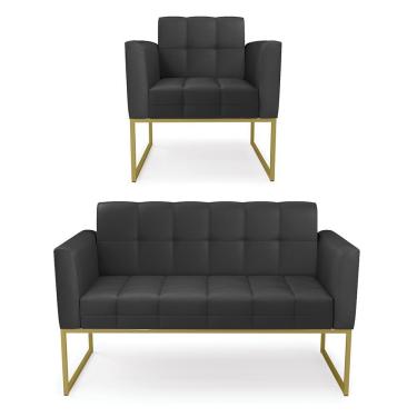 Imagem de Kit 1 Sofá Namoradeira E 1 Poltrona Elisa Corino Preto Base Metálica Industrial Dourado - D'rossi