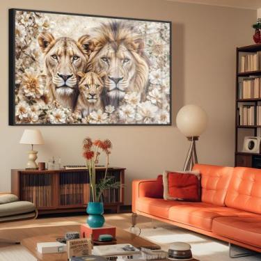 Imagem de Quadro decorativo florido família de Leão com um filhote - MeMoldura, 