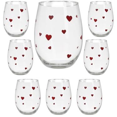 Imagem de Conjunto de taças de vinho Hearts - Conjunto de 8 copos sem haste com desenhos de coração vermelho - 590 ml