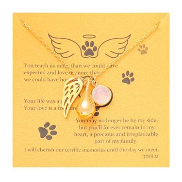 Imagem de TGOLM Colar de urna animal de estimação para presente de simpatia por perda de animais de estimação para cinzas, pingente de asa de anjo, pedra do mês de nascimento, joia de lembrança de cremação para