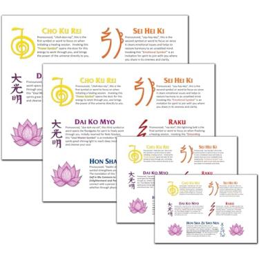 Imagem de Deep Healing Light Arte de parede com gráficos de aprendizagem de símbolos de Reiki - 20 x 28 x 25 cm, 12 x 17 cm, 12 x 15 cm, pôster sem moldura com cinco símbolos, nomes e explicações do Reiki -