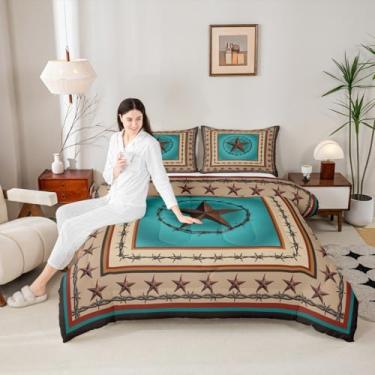 Imagem de Conjunto de edredom infantil Western Texas Star, tamanho casal, caubói, rústico, casa de fazenda, decoração de quarto de meninos e meninas, edredom com listras geométricas, patchwork, marrom retrô, 2