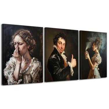 Imagem de Conjunto engraçado de arte de parede de banheiro com 3 impressões em tela embrulhada com estilo vintage preto pronto para pendurar, pôsteres engraçados de filmes para convidados ou metade do banheiro