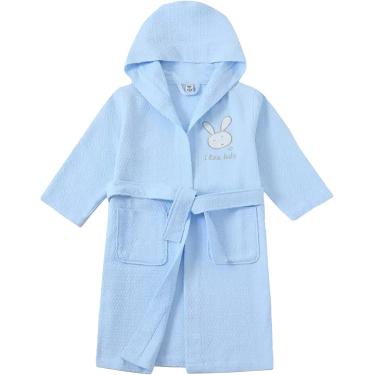 Imagem de Roupão De Banho Do Waffle Das Crianças Das Meninas Dos Meninos, Vestes Encapuçadas Longas 100% Do Algodão Para Crianças Das Crianças, Blue, 3-4 Years