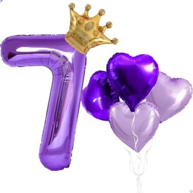Imagem de Balão grande roxo número 7 coroa 101,6 cm para decoração de aniversário de videogame, balões de aniversário de videogame Mylar para decorações de festa de aniversário roxas, suprimentos