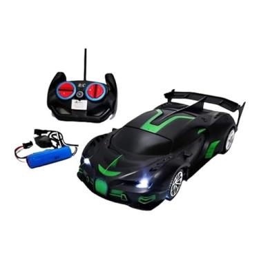Imagem de Carro de Controle Remoto Esportivo, Modelo Corrida, Recarregável, LED, Preto com Detalhes Verdes