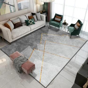 Imagem de Tapetes De Pilha Curta De Área Contemporânea Quarto Grandes Tapetes Geométricos Cinza Gradiente Linhas Douradas Elegante Tapete Doméstico Antiderrapante Lavável Carpete, 90 x 160 cm
