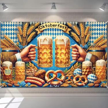Imagem de BlissYard Faixa Oktoberfest 188 x 109 cm poliéster decoração festival cerveja com canecas de cerveja pretzels salsichas de trigo bandeiras alemãs e cenário de festa Oktoberfest para celebração e