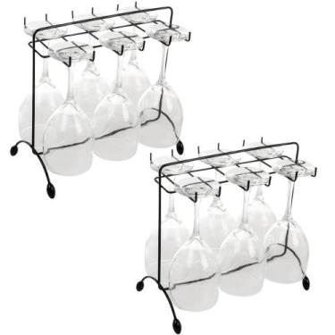 Imagem de Kit 2 Suportes Porta Taças de Vinho Preto 16x27cm Aramado de Mesa Banc