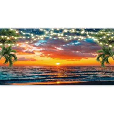 Imagem de Laeacco 20 x 3 m, pôr do sol, nuvens, oceano, pano de fundo para fotos de praia tropical, palmeira, pôr do sol, anoitecer, fundo à beira-mar, Aloha Luau, decoração de festa, casamento, chá de panela