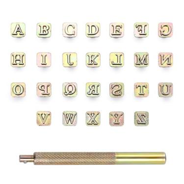 Imagem de OwnMy O kit de ferramentas de estampagem de couro com 27 peças inclui 26 peças de carimbos do alfabeto de letras maiúsculas de 8 mm e 1 alça de perfurador de aço, ferramentas de carimbo de relevo de