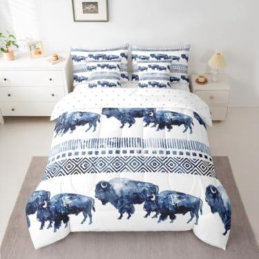 Imagem de Feelyou Conjunto de edredom de búfalo, tamanho king, 7 peças, cama do sudoeste, em um quarto de bolsa, desenho de bisão americano selvagem, geométrico, asteca, azul com edredom, conjunto de lençóis,