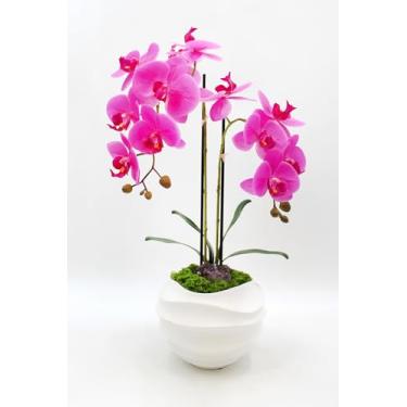 Imagem de Arranjo de flores de orquídea roxa falsa | Arranjo floral falso de ametista | Arranjo floral de 58 cm de altura | Orquídeas roxas em vaso branco.