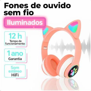 Imagem de Fone Gatinho Bluetooth Infantil Luz LED Colorida Rosa Original - FAZA