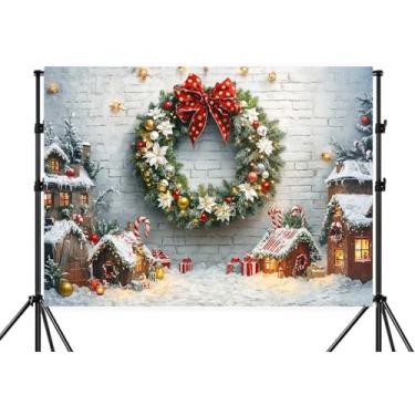Imagem de Pano de fundo de Feliz Natal, parede de tijolos brancos, guirlanda de Natal, cana, doce, cenário fotográfico, cena de neve, fundo de árvore de Natal, decoração de festa de ano novo, adereços de banner