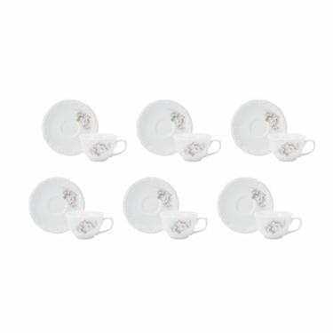Imagem de Estojo com 6 Xícaras de de Café com Pires sem Pé. Modelo Redondo com Relevo Pomerode. Decoração Eterna. Fabricado pela Porcelana Schmidt.