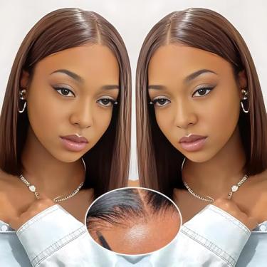 Imagem de GUDOZO 9 x 6 perucas de cabelo humano sem cola marrom chocolate HD cabelo humano pré-cortado pré-cortado perucas sem cola cabelo humano 200% densidade curto liso Bob perucas para mulheres negras 30 cm