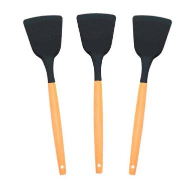 Imagem de Kit 3 Espátulas Silicone Chapa Cabo de Madeira 32cm Preta - - udlandia